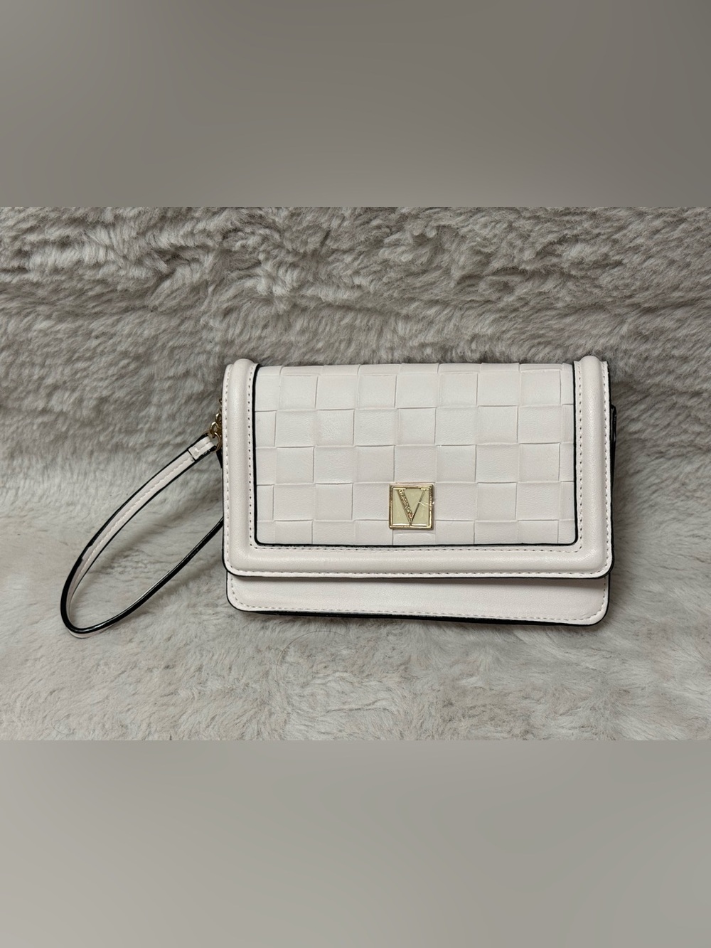 Victoria’s Secrets White Woven Flap Shoulder Wrisrlet Bag with Gold Logo